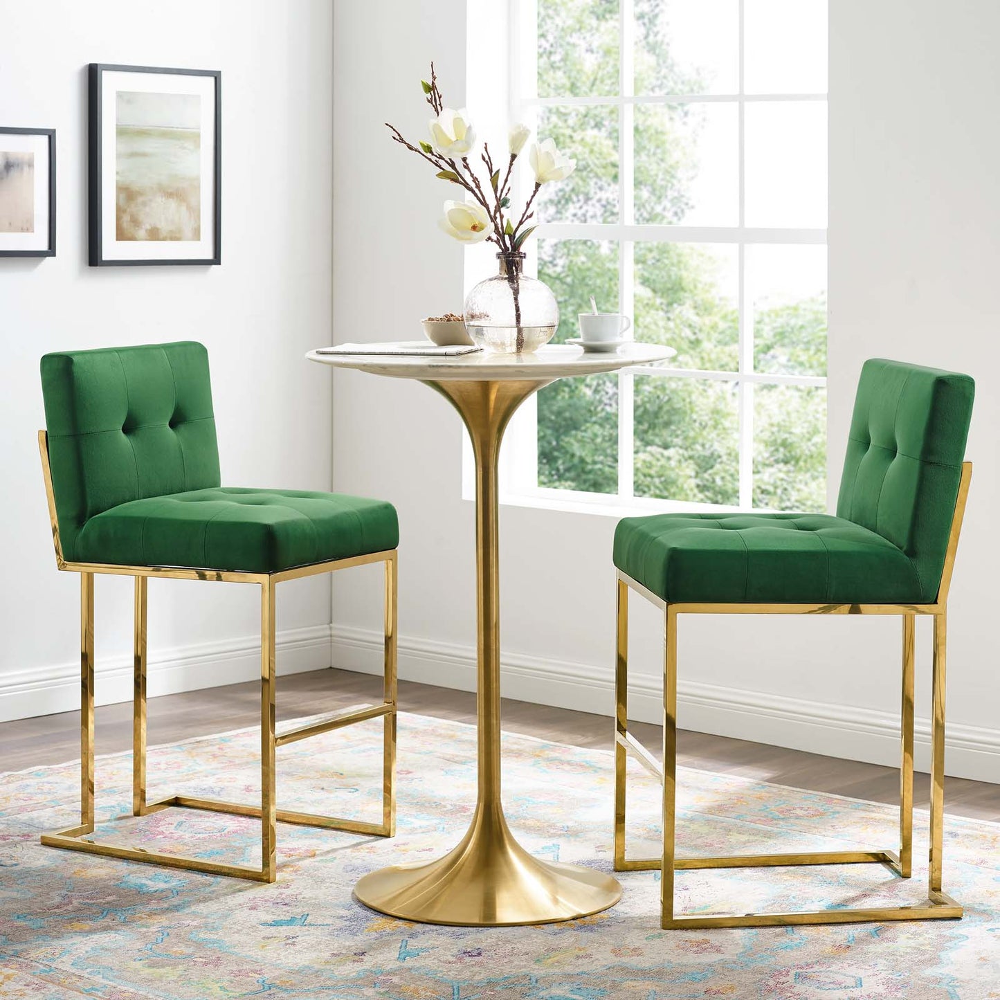 Privy Gold Stainless Steel Performance Velvet Bar Stool Set of 2, Velvet, Metal Steel, Gold Green, 19421
