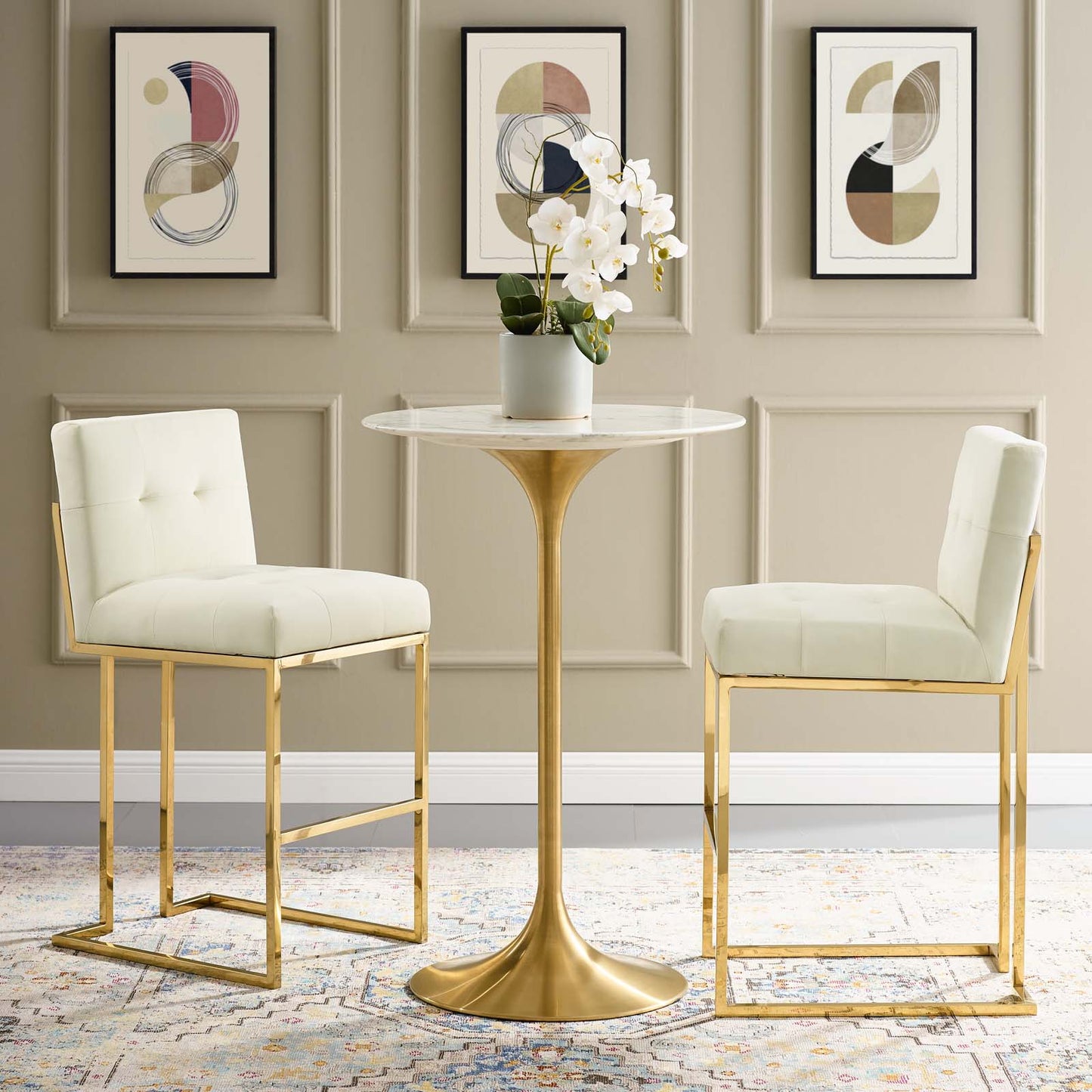 Privy Gold Stainless Steel Performance Velvet Bar Stool Set of 2, Velvet, Metal Steel, Gold Ivory White, 19422