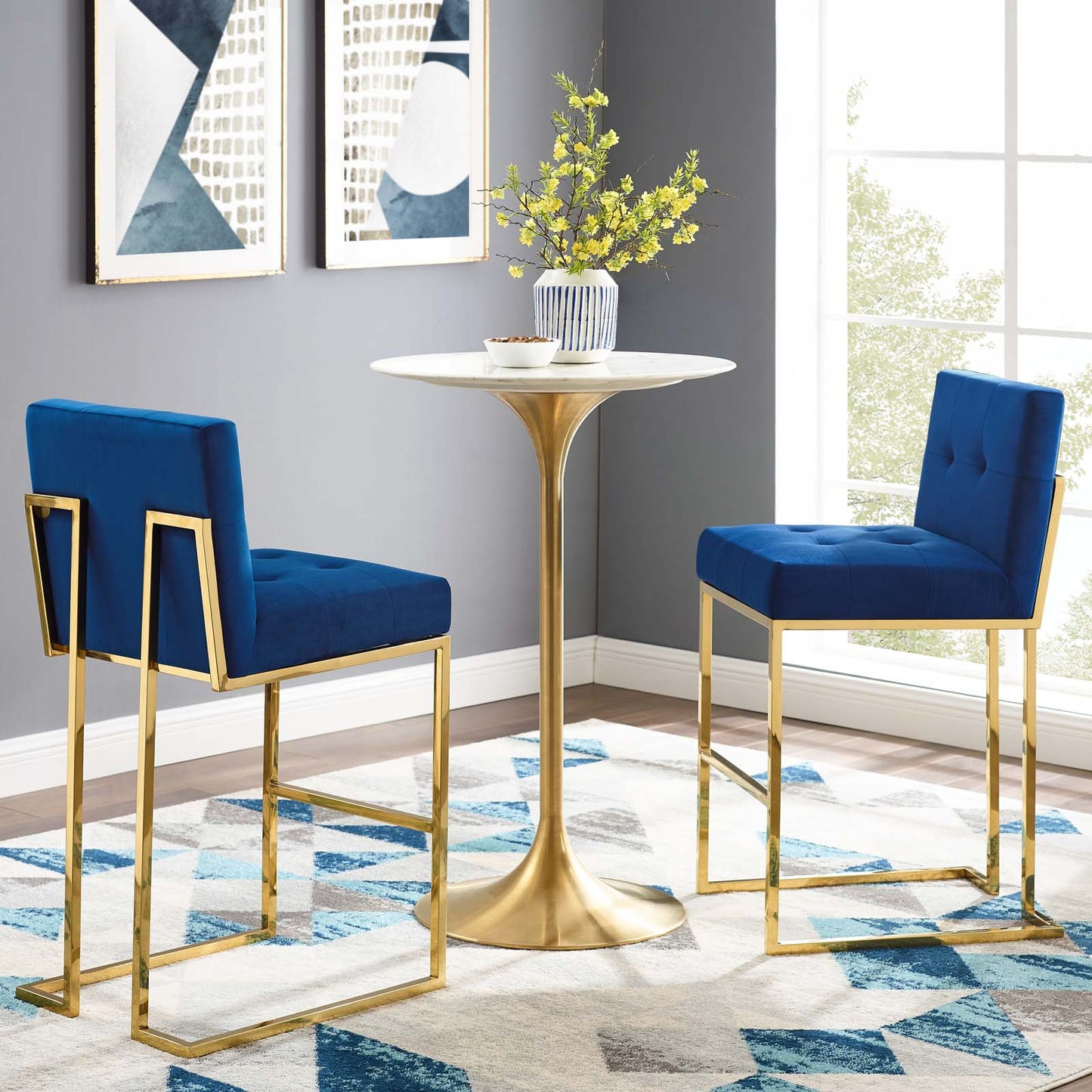 Privy Gold Stainless Steel Performance Velvet Bar Stool Set of 2, Velvet, Metal Steel, Gold Blue Navy, 19423