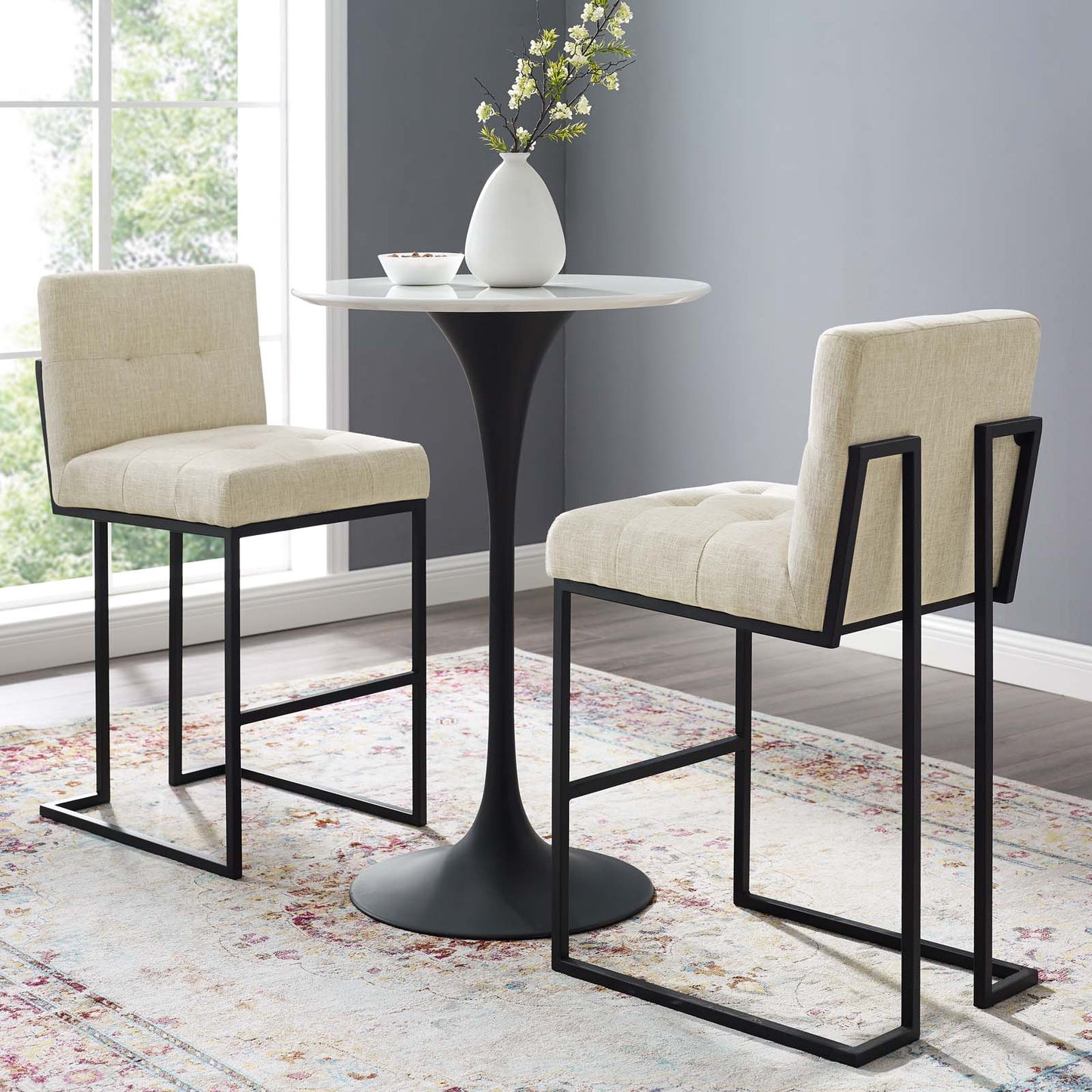 Privy Black Stainless Steel Upholstered Fabric Bar Stool Set of 2, Fabric, Metal Steel, Black Beige, 19424