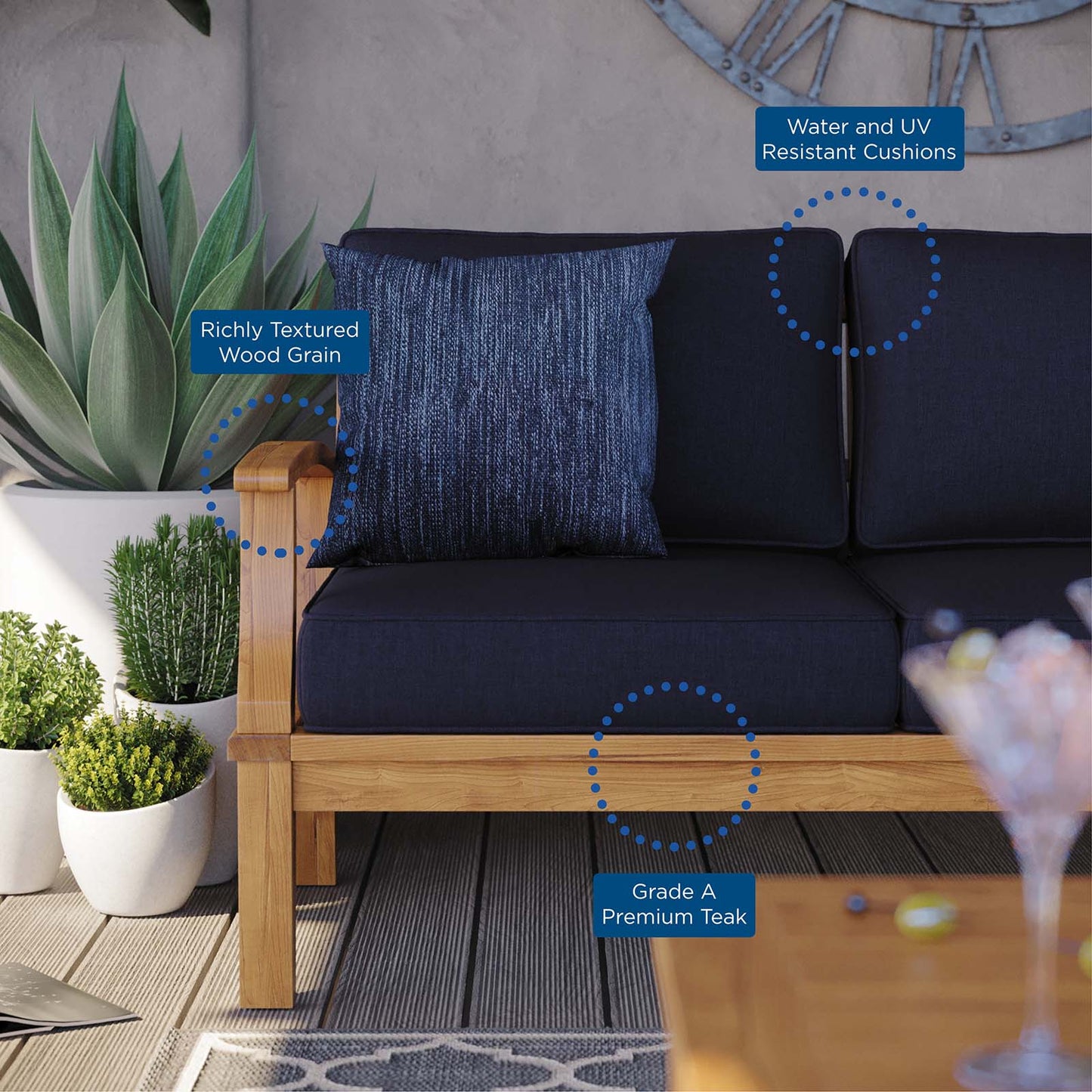 Marina Outdoor Patio Teak Sofa, Wood, Brown Natural Blue Navy, 19444
