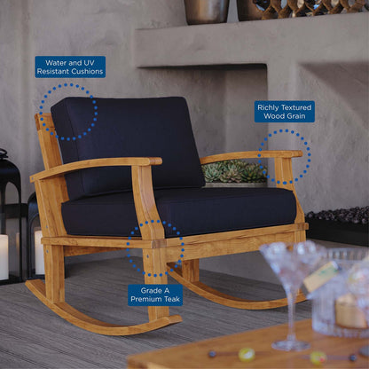 Marina Outdoor Patio Teak Rocking Chair, Wood, Brown Natural Blue Navy, 19447