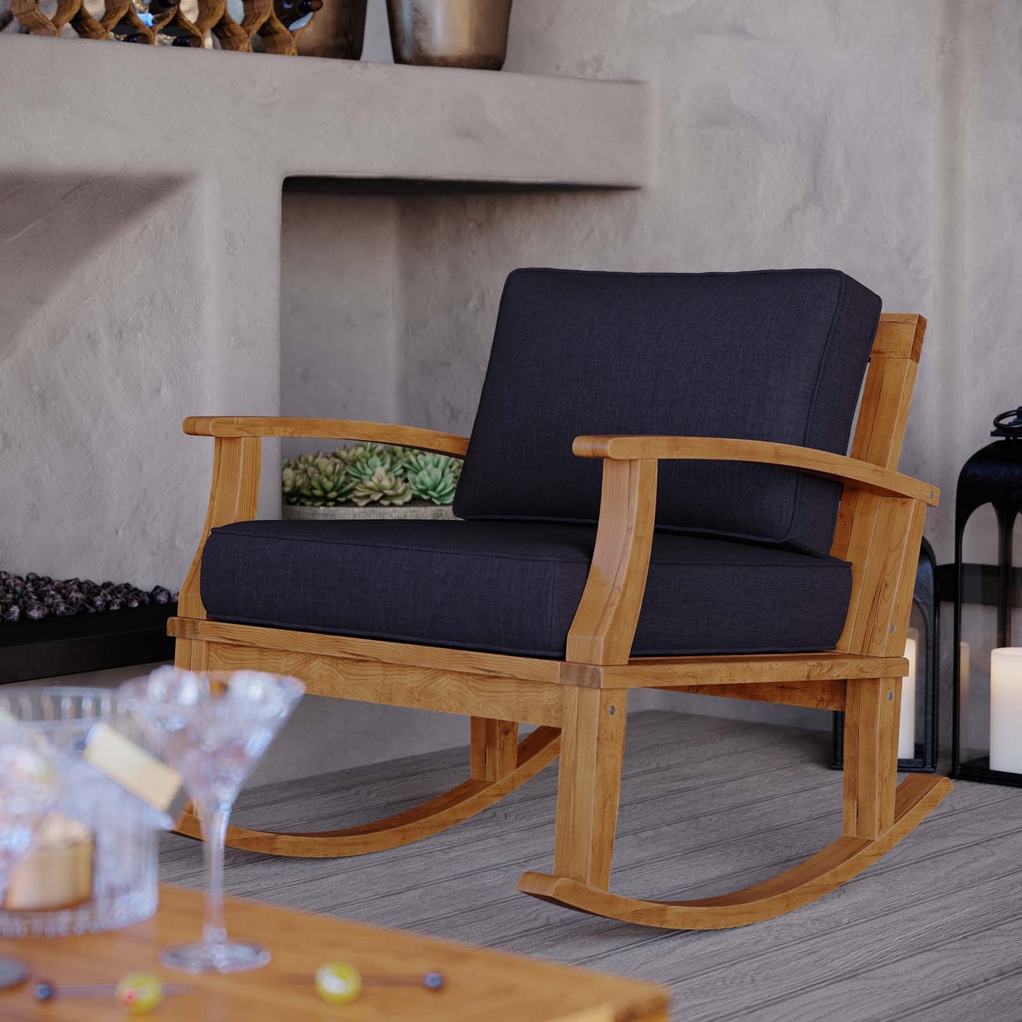 Marina Outdoor Patio Teak Rocking Chair, Wood, Brown Natural Blue Navy, 19447