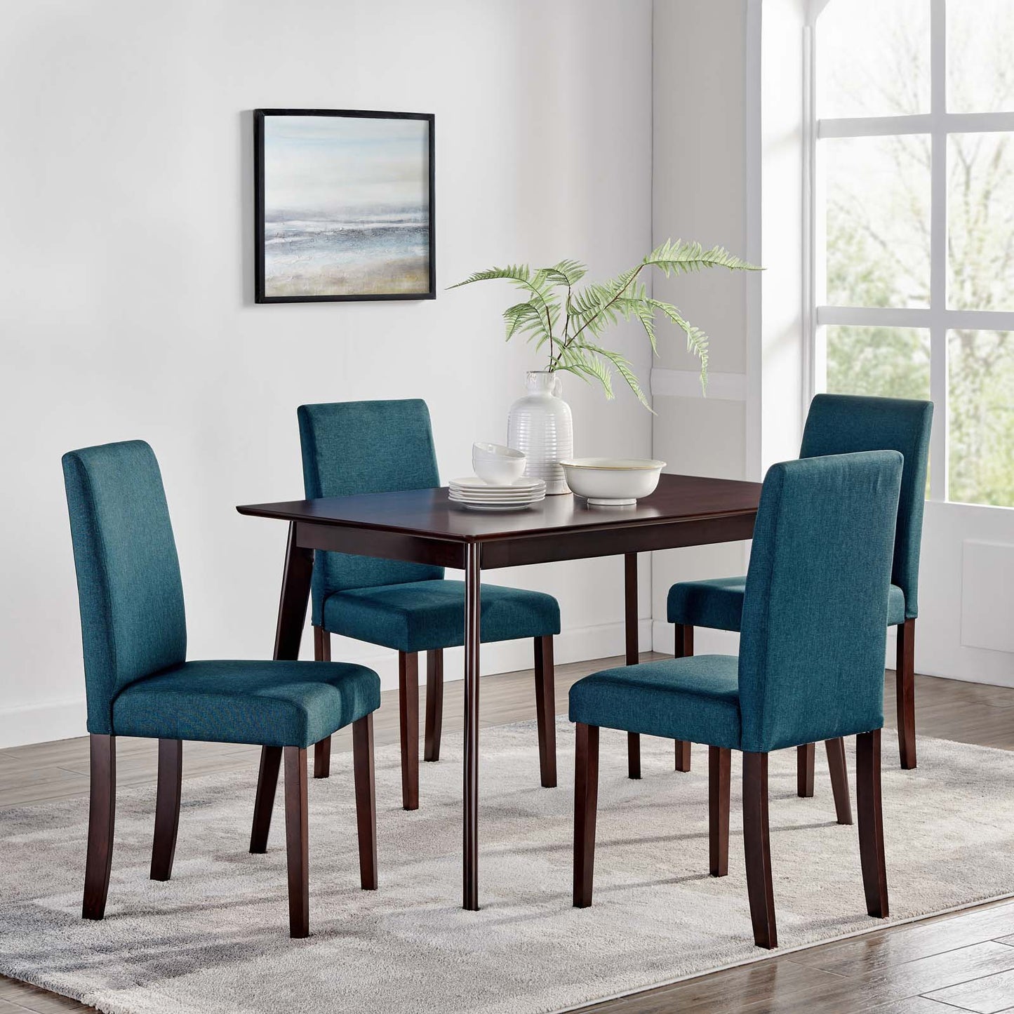 Prosper 5 Piece Upholstered Fabric Dining Set, Fabric, Drak Brown Blue, 19454