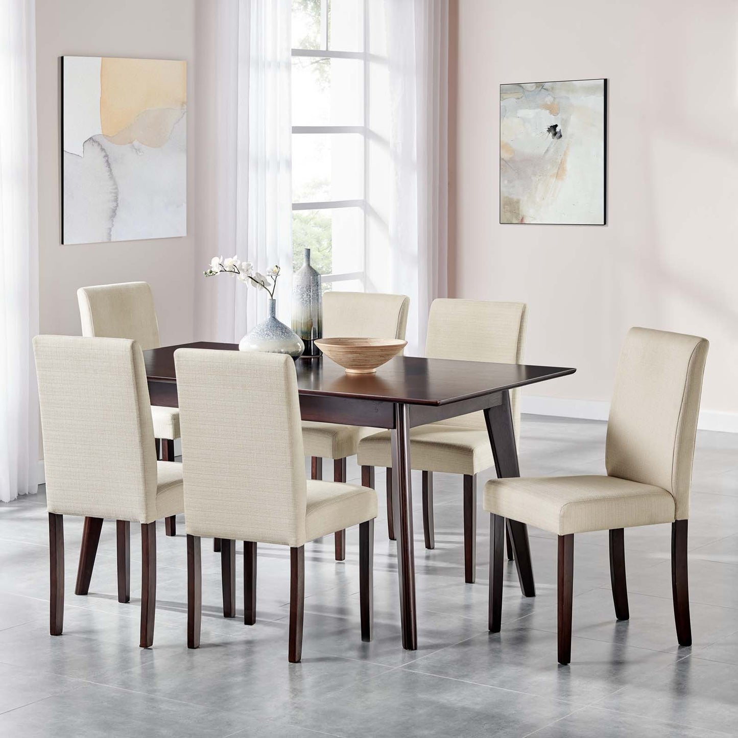 Prosper 7 Piece Upholstered Fabric Dining Set, Fabric, Drak Brown Beige, 19472