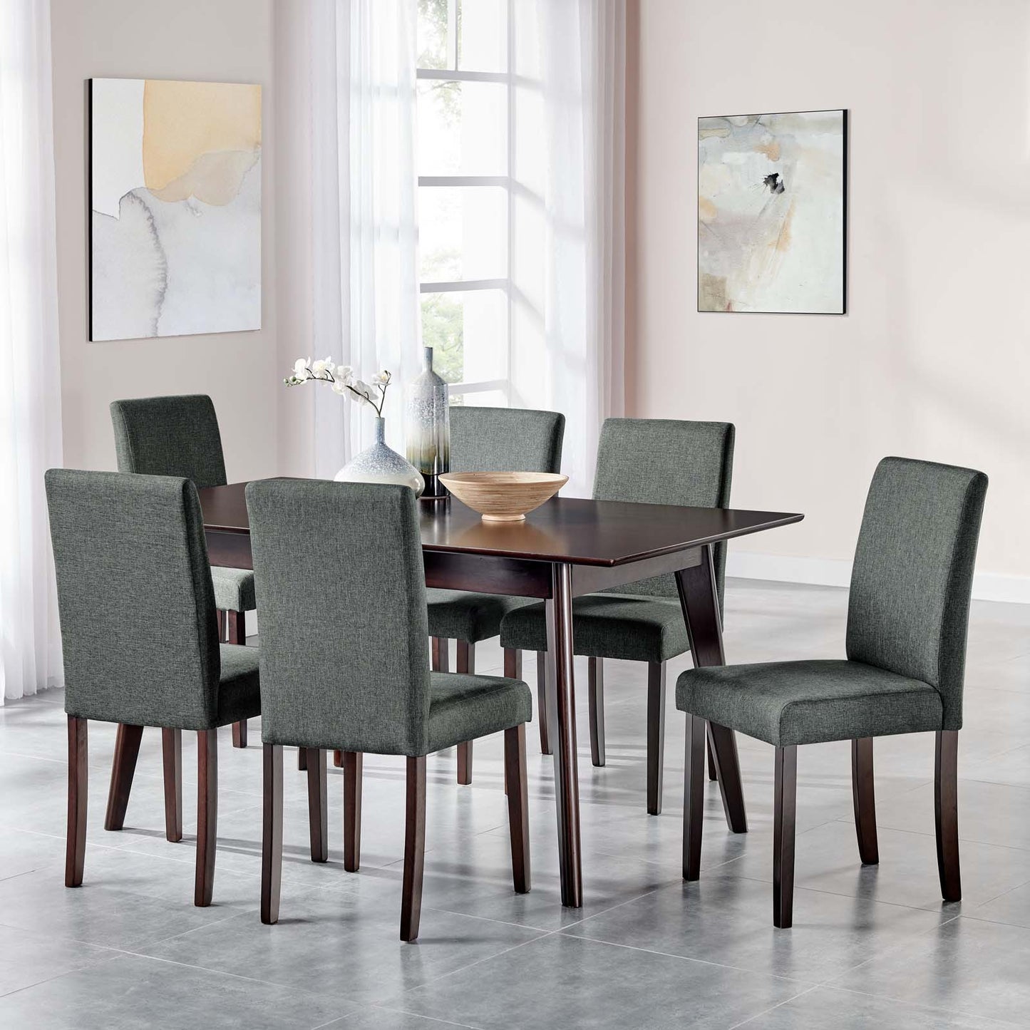 Prosper 7 Piece Upholstered Fabric Dining Set, Fabric, Drak Brown Grey Gray, 19474