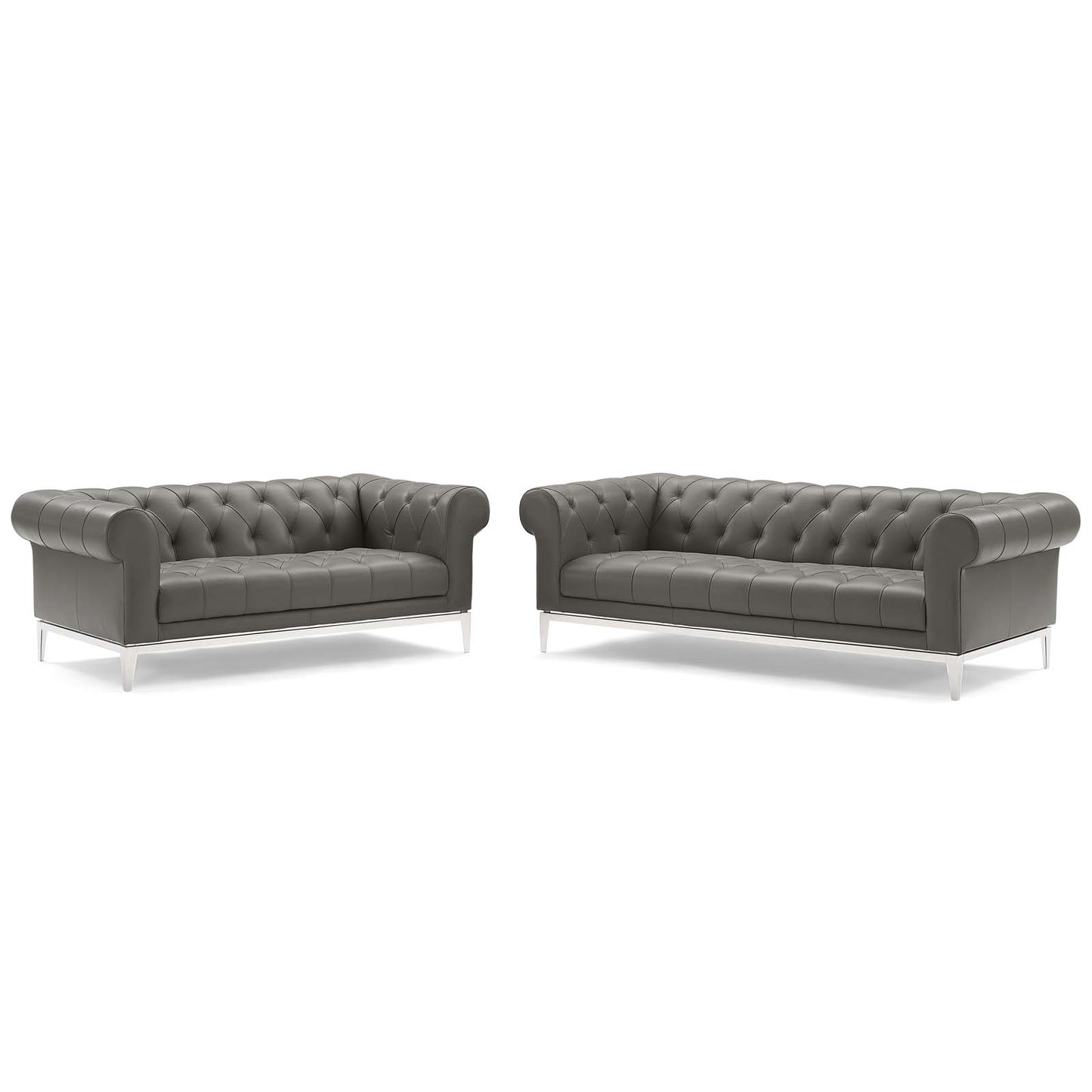 Idyll Tufted Upholstered Leather Sofa and Loveseat Set, Leather, Grey Gray, 19490