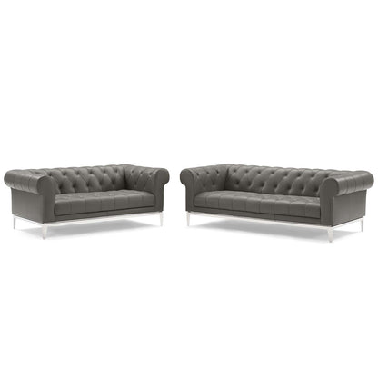 Idyll Tufted Upholstered Leather Sofa and Loveseat Set, Leather, Grey Gray, 19490