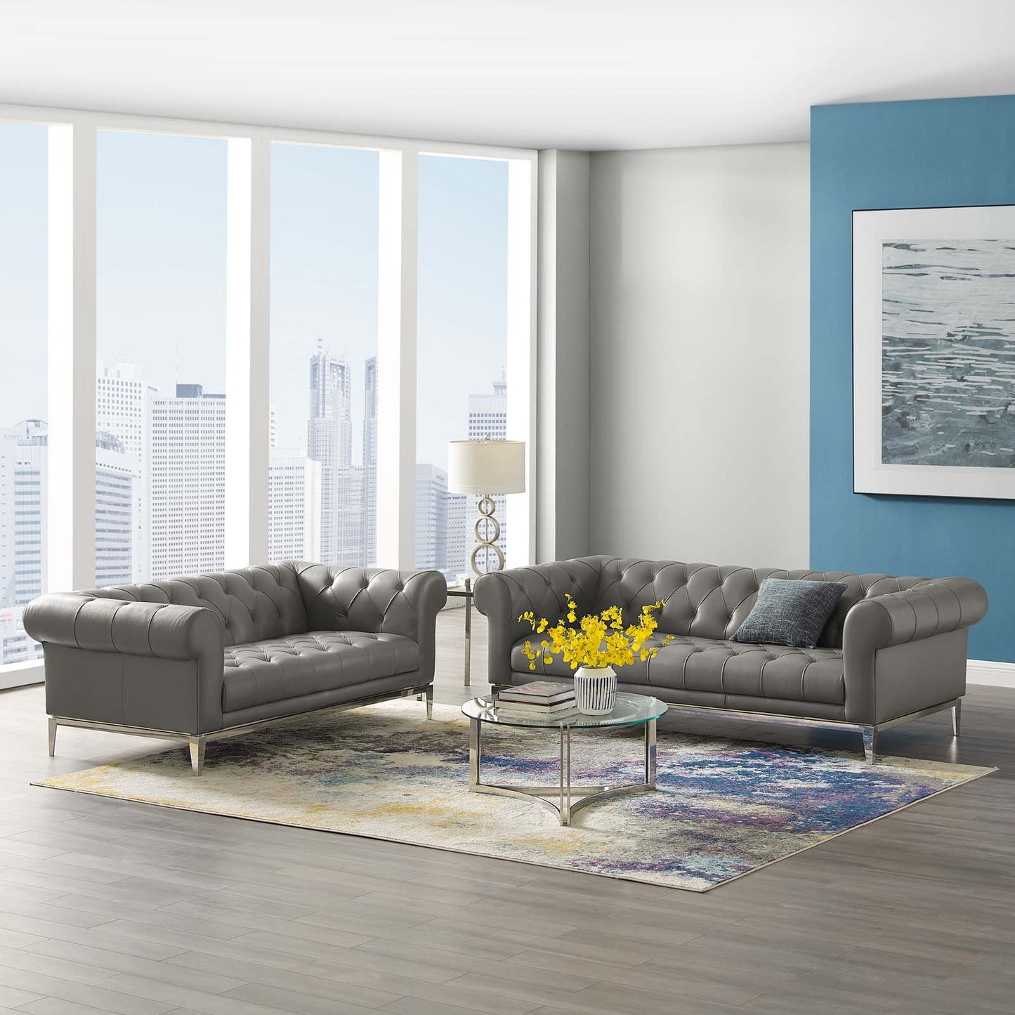 Idyll Tufted Upholstered Leather Sofa and Loveseat Set, Leather, Grey Gray, 19490