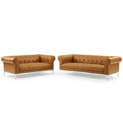 Idyll Tufted Upholstered Leather Sofa and Loveseat Set, Leather, Tan, 19491