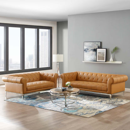 Idyll Tufted Upholstered Leather Sofa and Loveseat Set, Leather, Tan, 19491