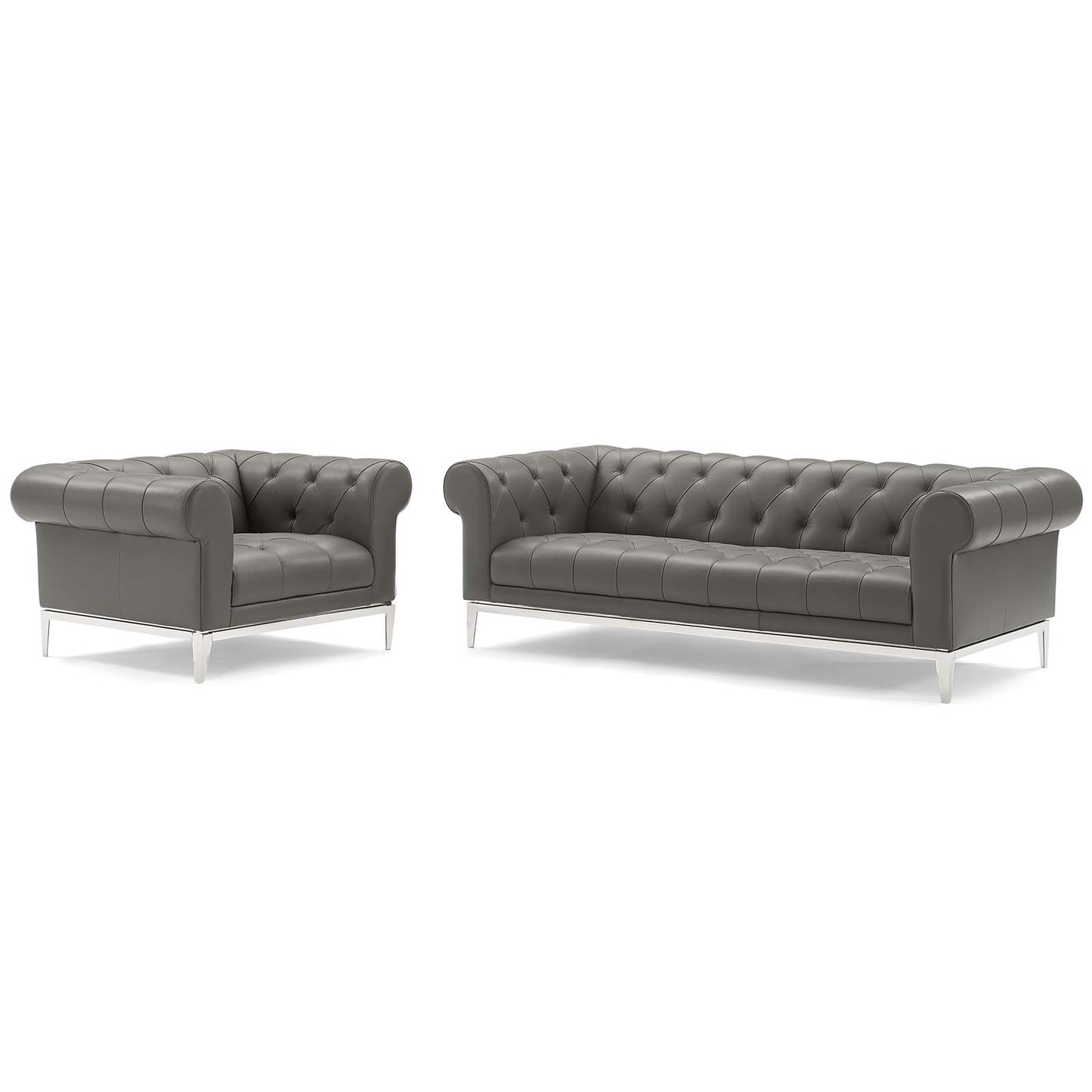 Idyll Tufted Upholstered Leather Sofa and Armchair Set, Leather, Grey Gray, 19494