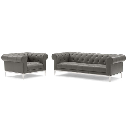Idyll Tufted Upholstered Leather Sofa and Armchair Set, Leather, Grey Gray, 19494