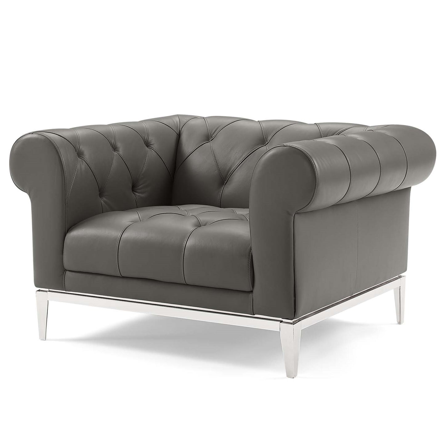 Idyll Tufted Upholstered Leather Sofa and Armchair Set, Leather, Grey Gray, 19494