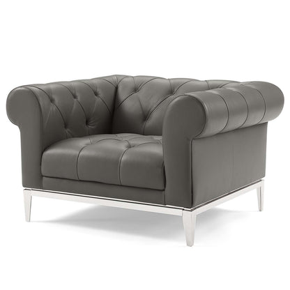 Idyll Tufted Upholstered Leather Sofa and Armchair Set, Leather, Grey Gray, 19494