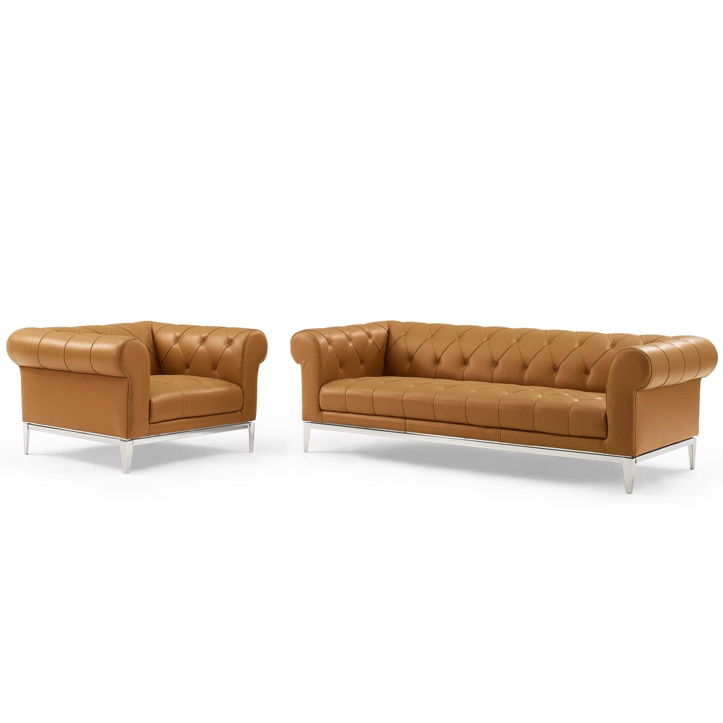 Idyll Tufted Upholstered Leather Sofa and Armchair Set, Leather, Tan, 19495