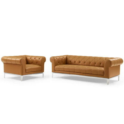 Idyll Tufted Upholstered Leather Sofa and Armchair Set, Leather, Tan, 19495