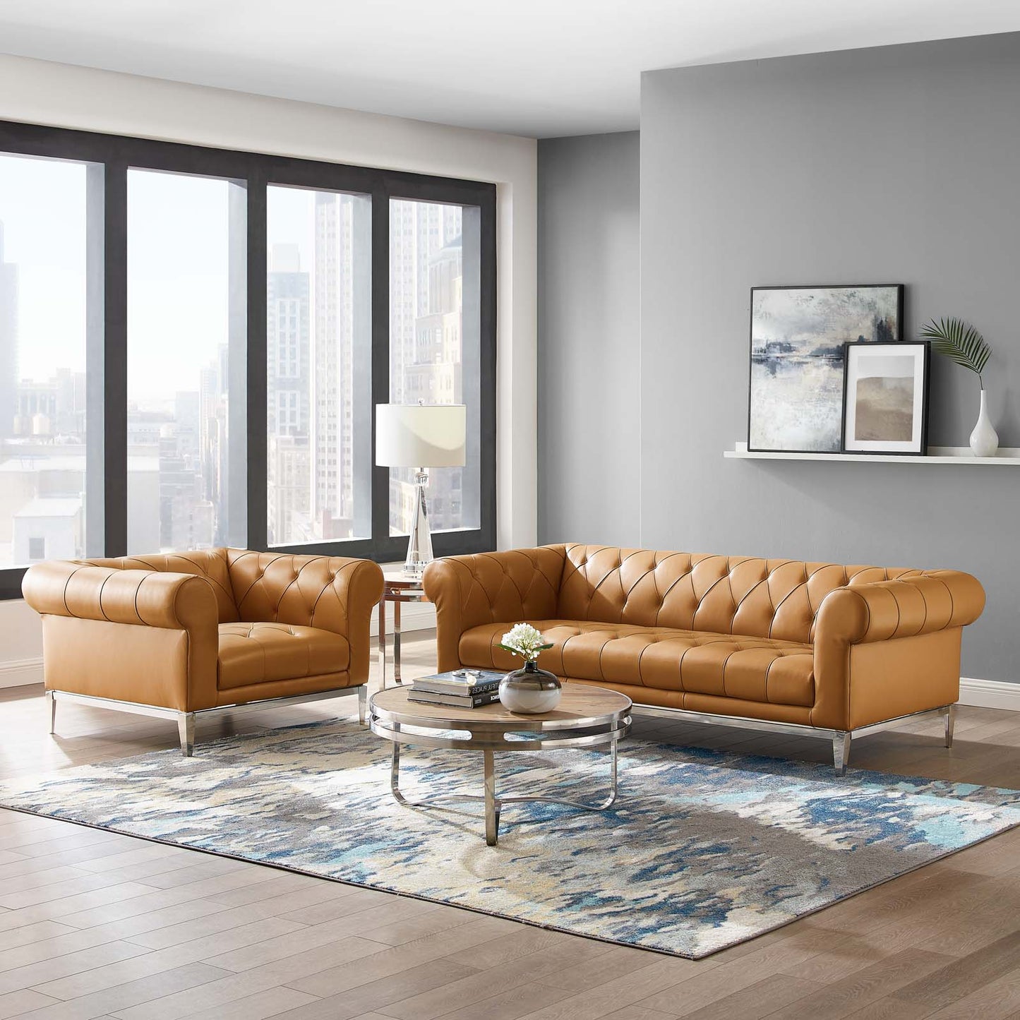 Idyll Tufted Upholstered Leather Sofa and Armchair Set, Leather, Tan, 19495