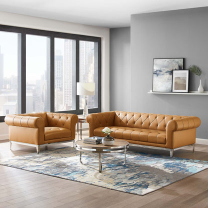Idyll Tufted Upholstered Leather Sofa and Armchair Set, Leather, Tan, 19495