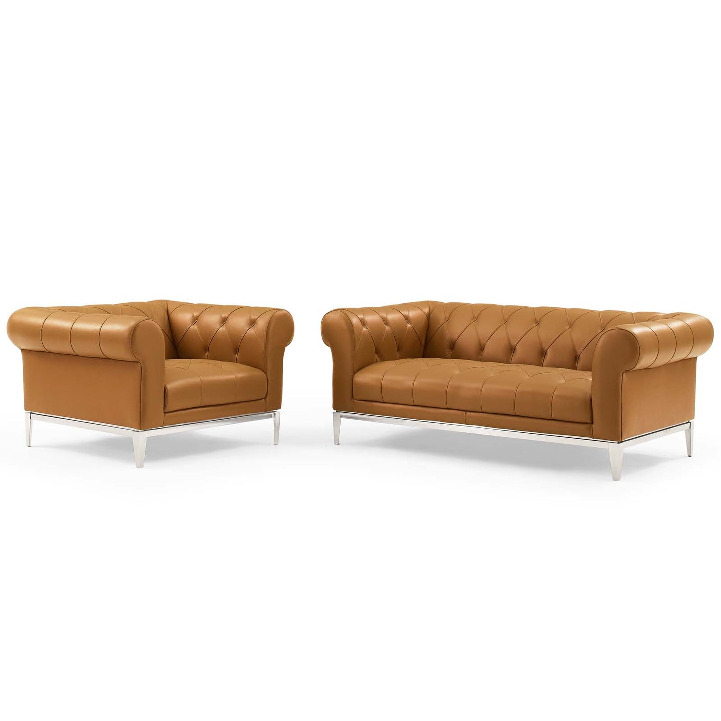 Idyll Tufted Upholstered Leather Loveseat and Armchair, Leather, Tan, 19498