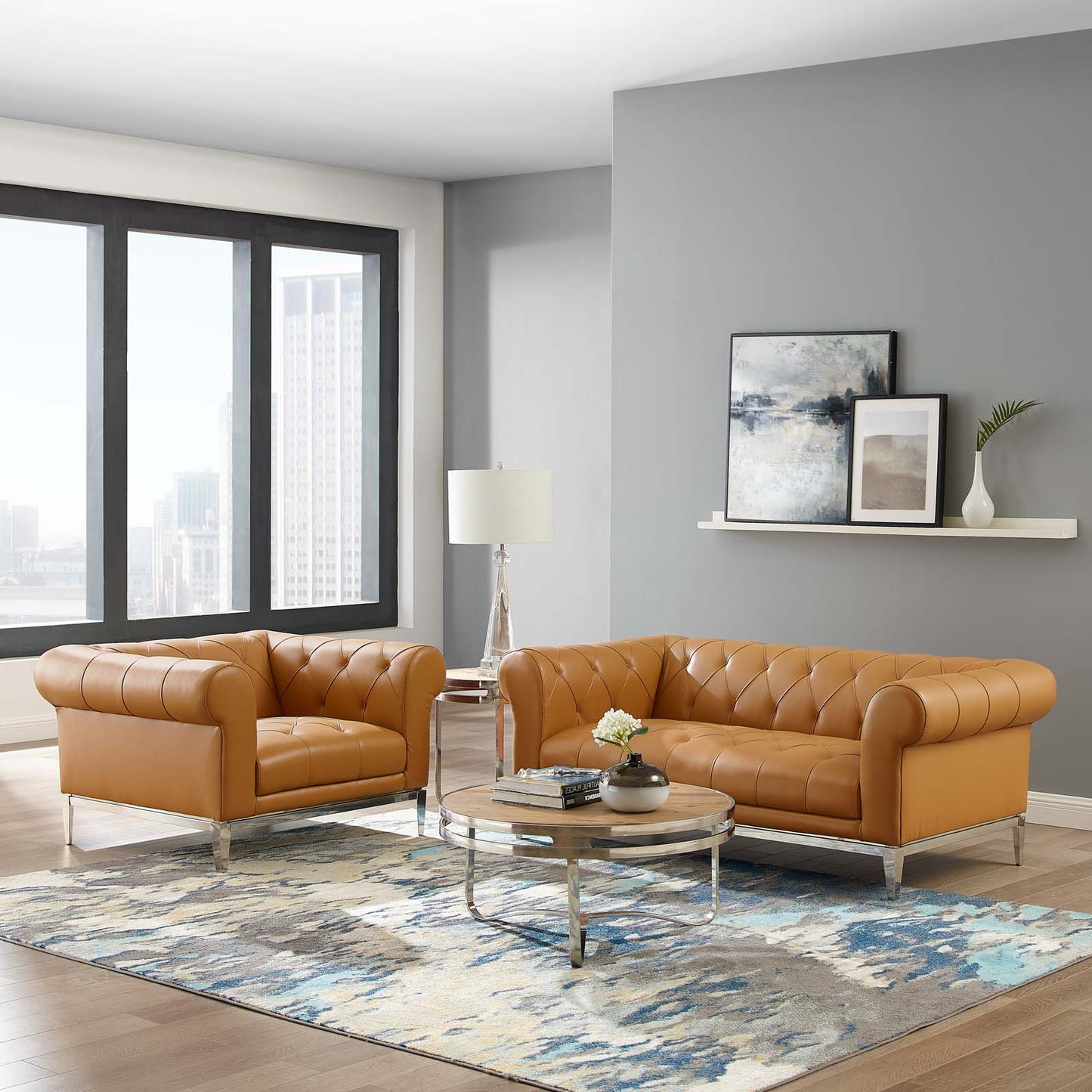Idyll Tufted Upholstered Leather Loveseat and Armchair, Leather, Tan, 19498