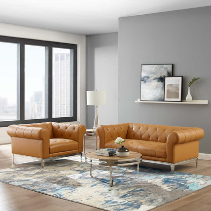 Idyll Tufted Upholstered Leather Loveseat and Armchair, Leather, Tan, 19498