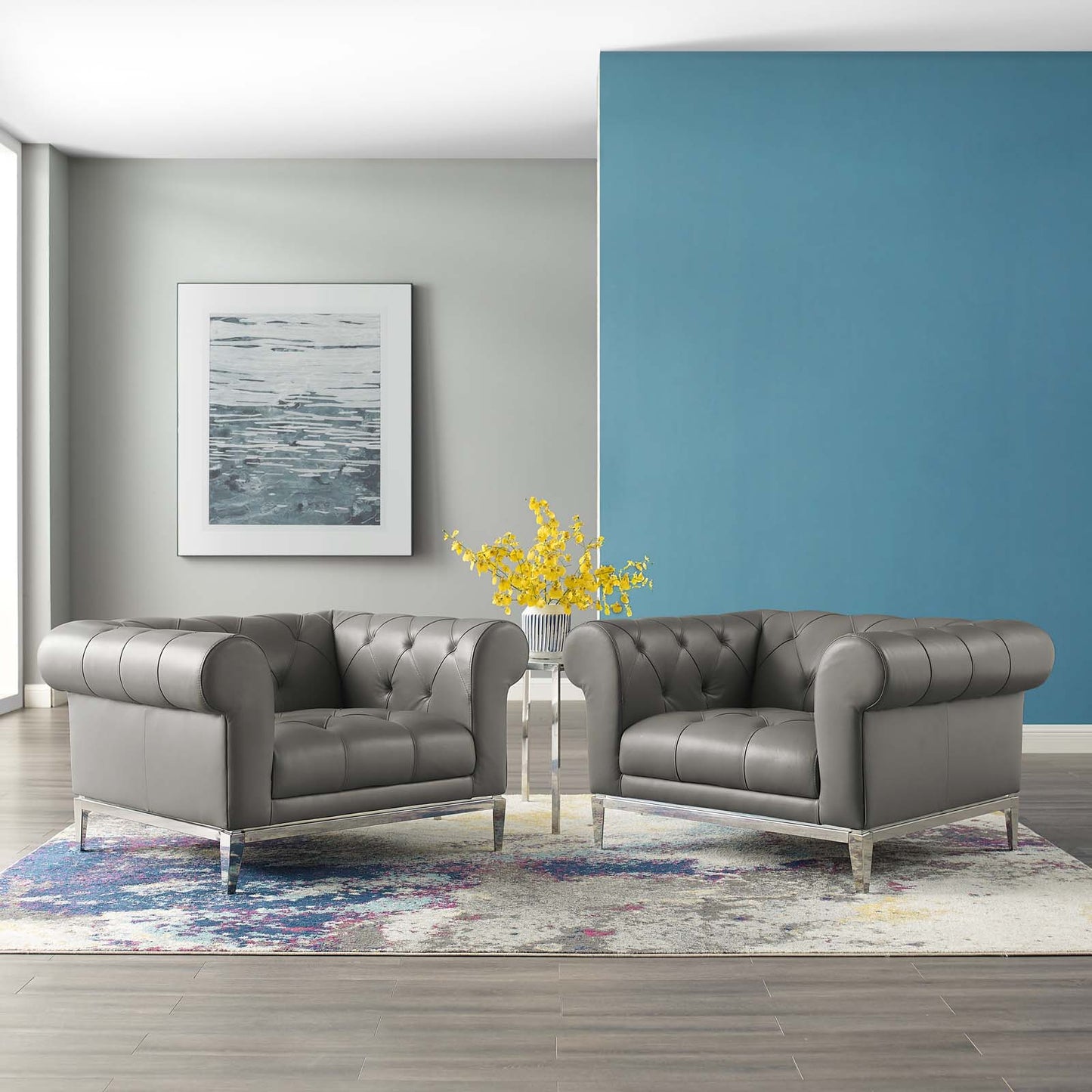 Idyll Tufted Upholstered Leather Armchair Set of 2, Leather, Grey Gray, 19501