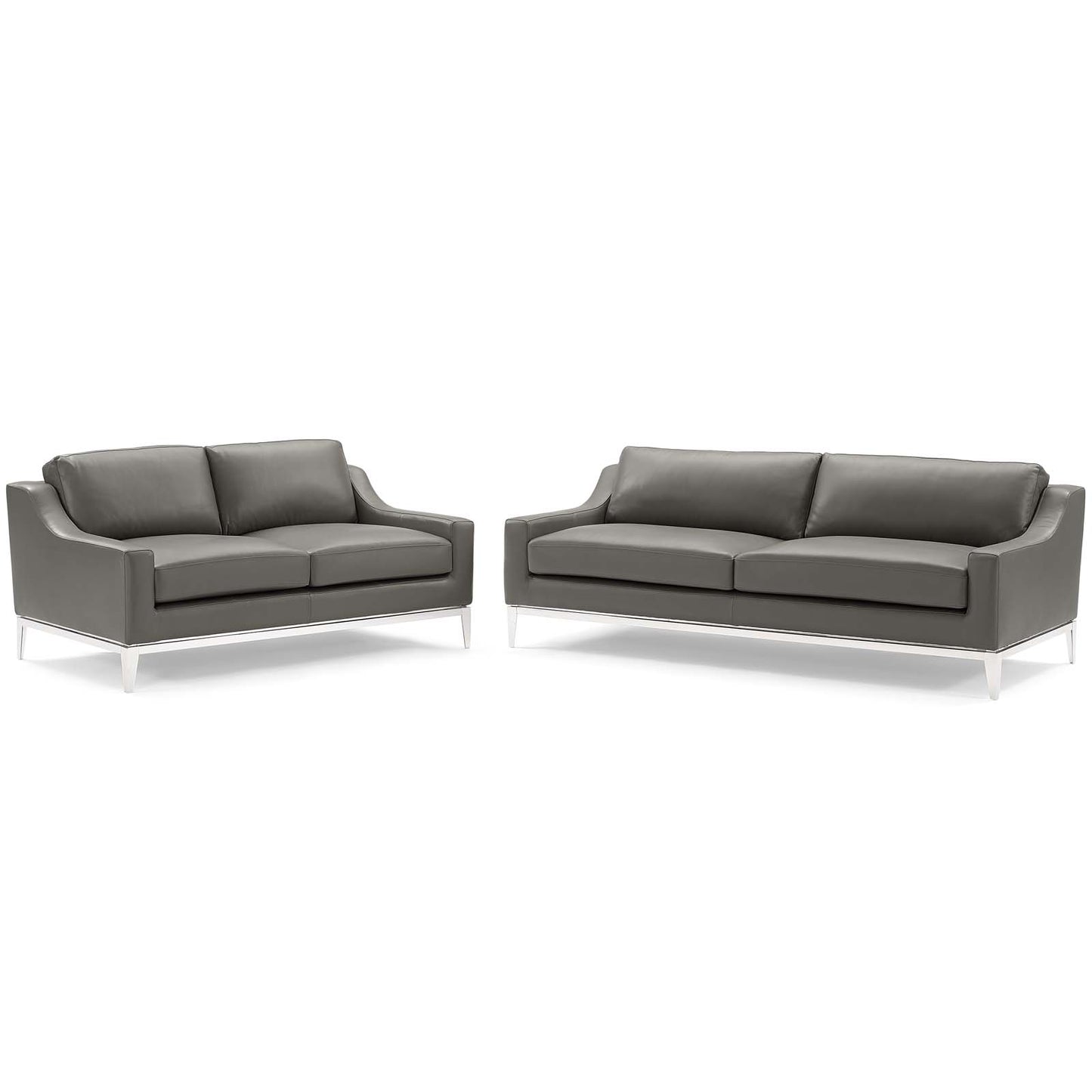 Harness Stainless Steel Base Leather Sofa and Loveseat Set, Leather, Steel, Grey Gray, 19502