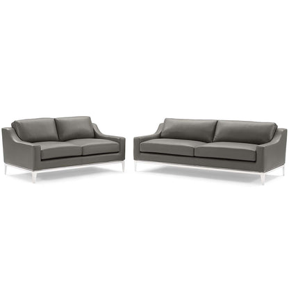 Harness Stainless Steel Base Leather Sofa and Loveseat Set, Leather, Steel, Grey Gray, 19502