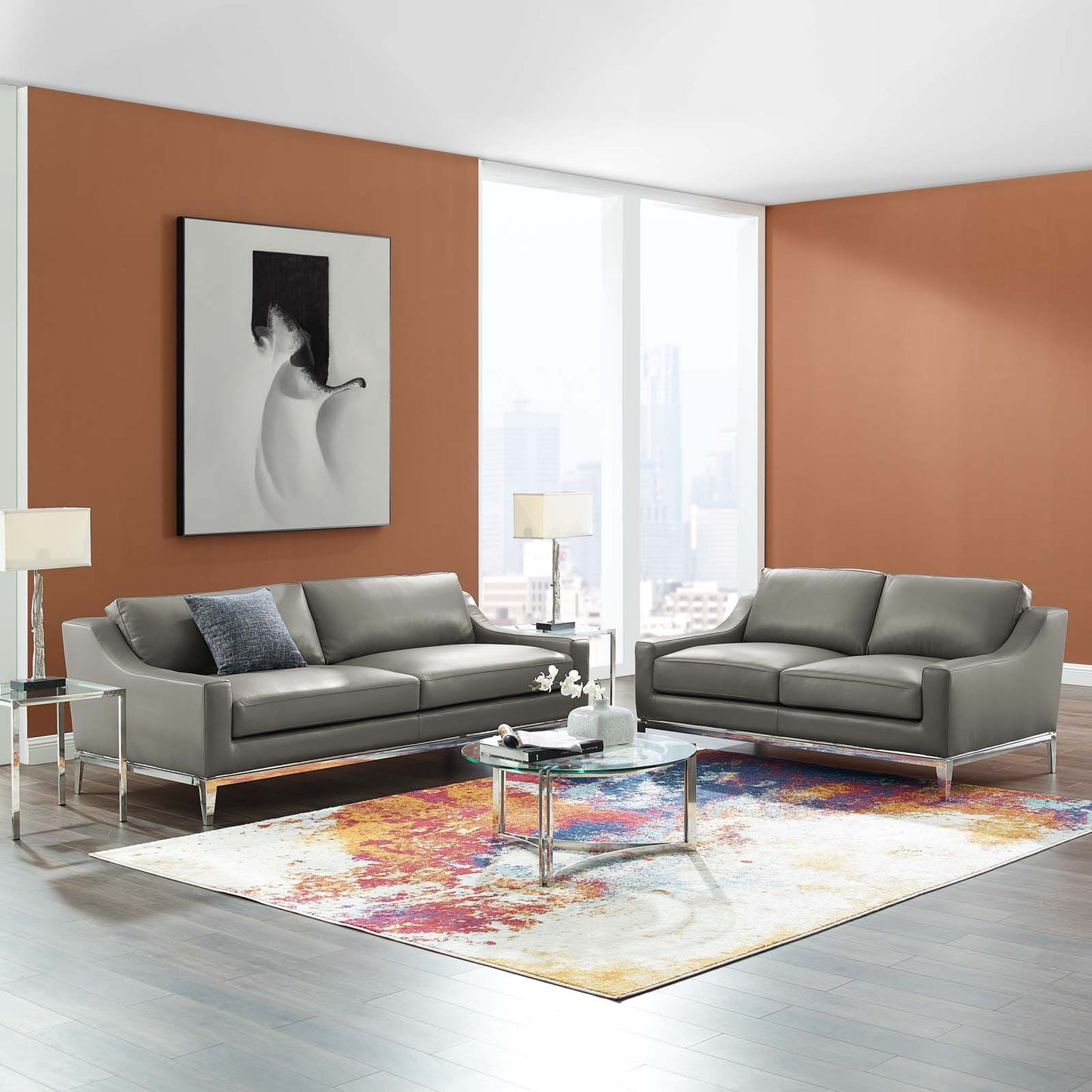 Harness Stainless Steel Base Leather Sofa and Loveseat Set, Leather, Steel, Grey Gray, 19502