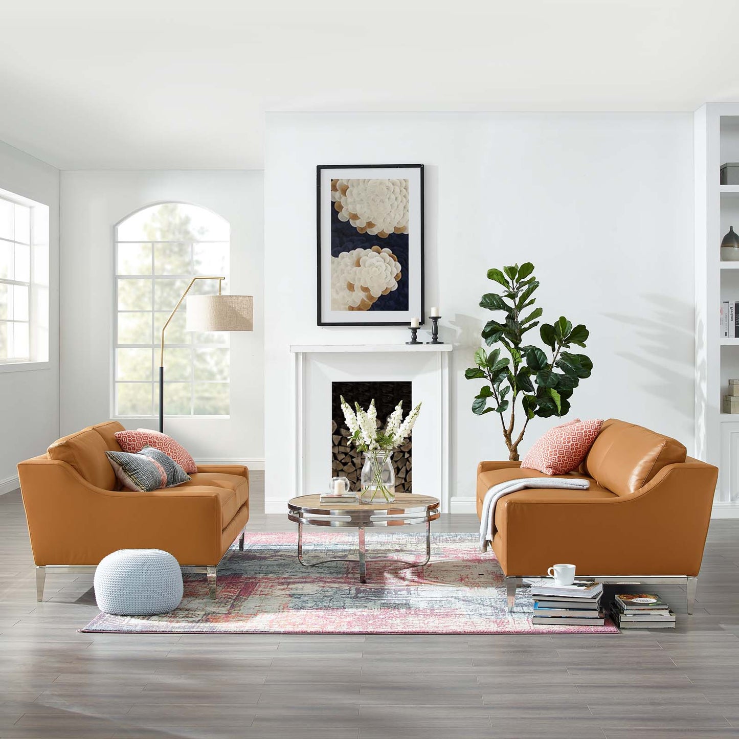 Harness Stainless Steel Base Leather Sofa and Loveseat Set, Leather, Steel, Tan, 19503