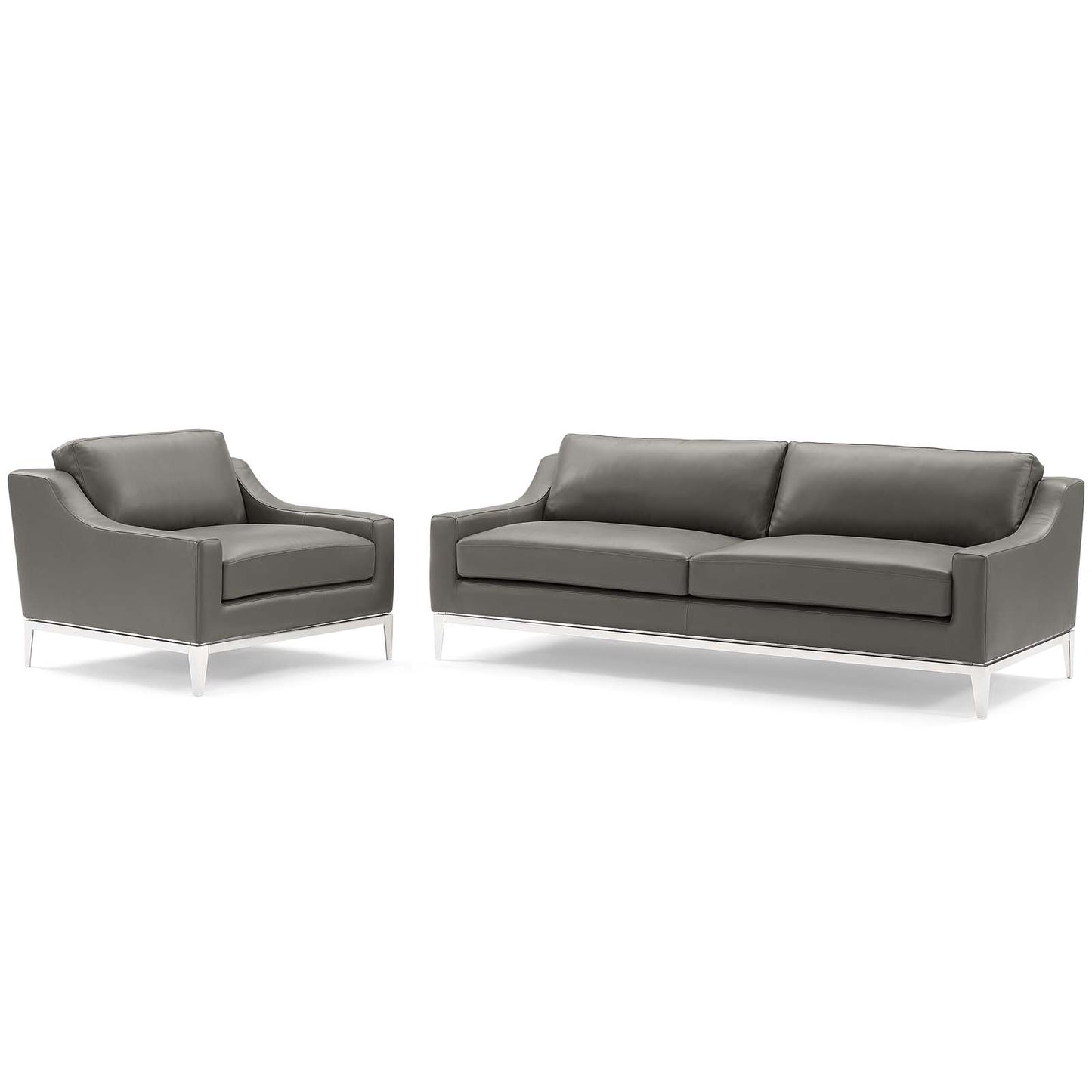 Harness Stainless Steel Base Leather Sofa & Armchair Set, Leather, Steel, Grey Gray, 19506