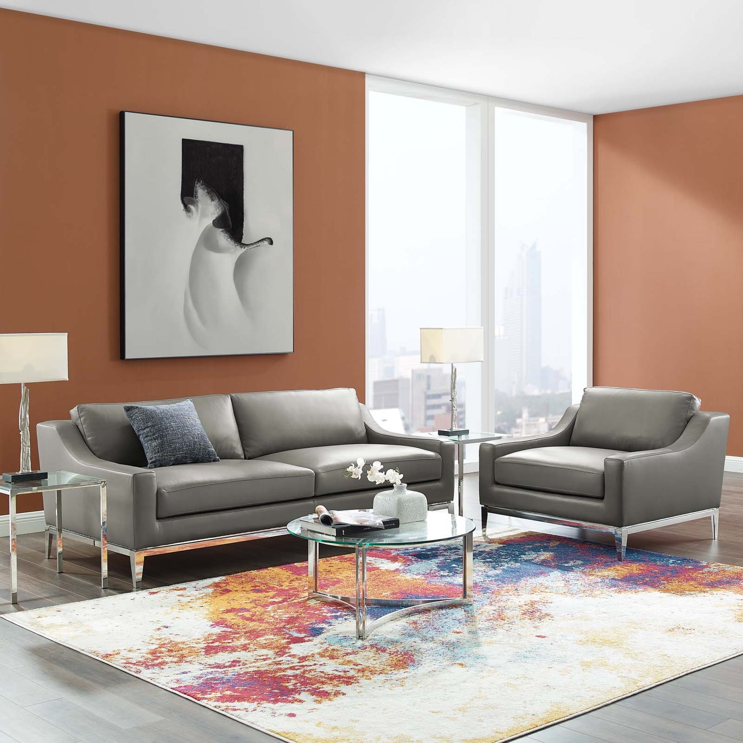 Harness Stainless Steel Base Leather Sofa & Armchair Set, Leather, Steel, Grey Gray, 19506