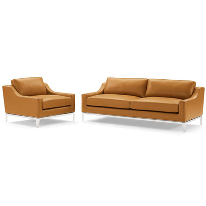 Harness Stainless Steel Base Leather Sofa & Armchair Set, Leather, Steel, Tan, 19507