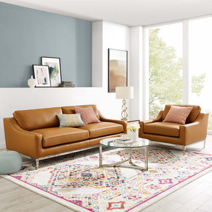 Harness Stainless Steel Base Leather Sofa & Armchair Set, Leather, Steel, Tan, 19507
