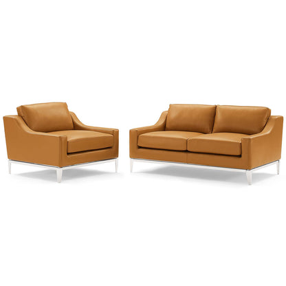 Harness Stainless Steel Base Leather Loveseat & Armchair Set, Leather, Steel, Tan, 19511