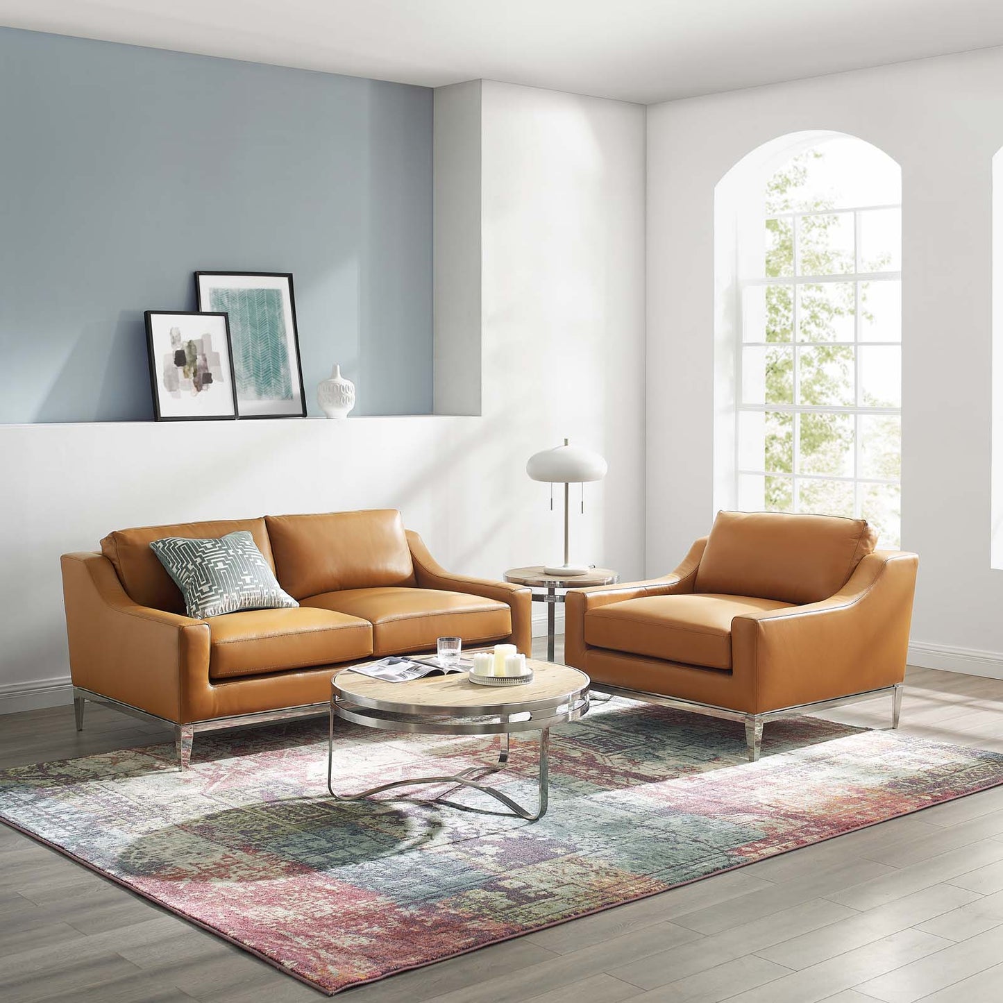 Harness Stainless Steel Base Leather Loveseat & Armchair Set, Leather, Steel, Tan, 19511