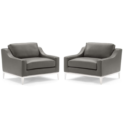 Harness Stainless Steel Base Leather Armchair Set of 2, Leather, Steel, Grey Gray, 19514