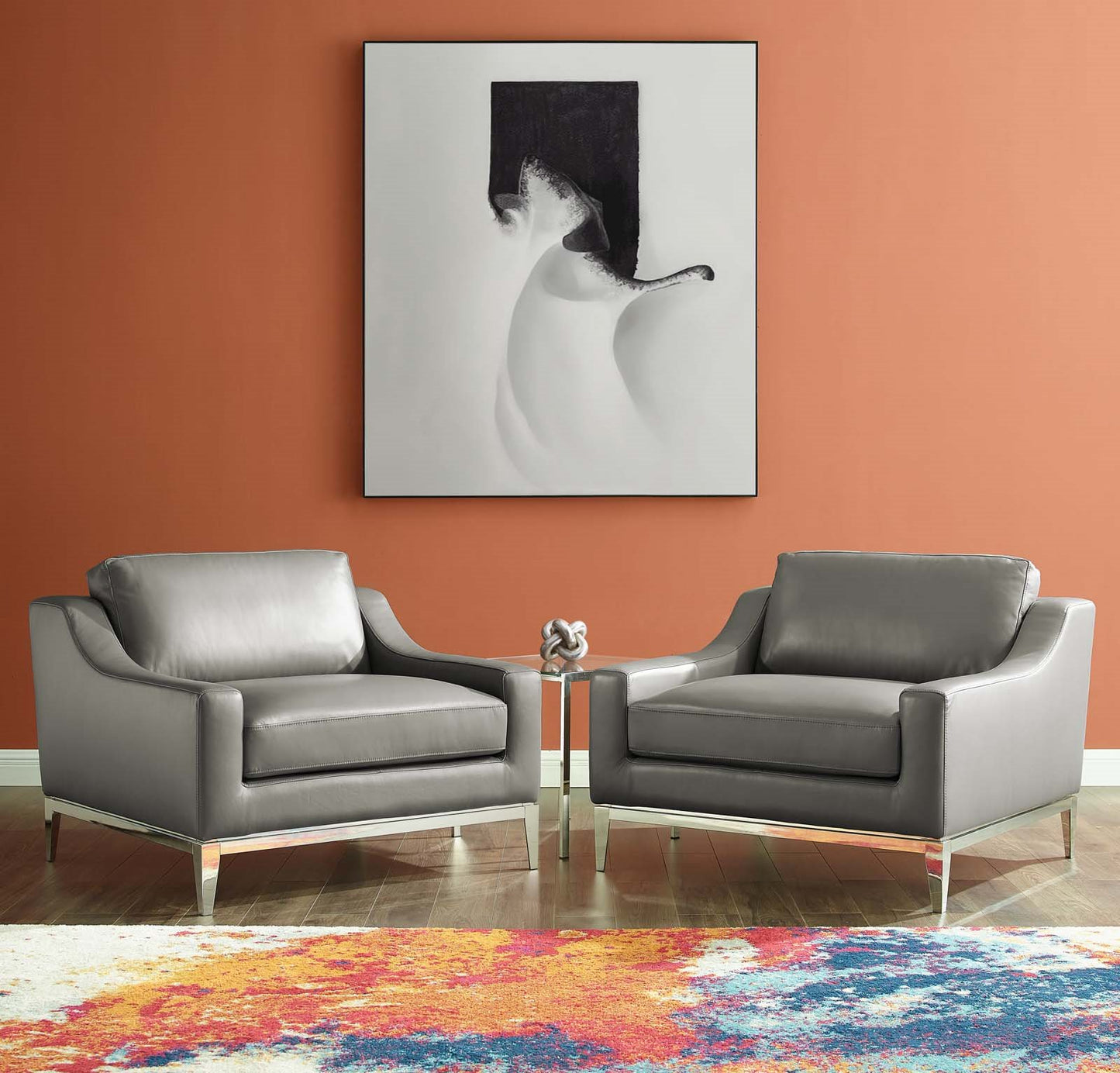 Harness Stainless Steel Base Leather Armchair Set of 2, Leather, Steel, Grey Gray, 19514