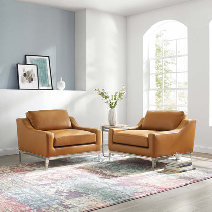 Harness Stainless Steel Base Leather Armchair Set of 2, Leather, Steel, Tan, 19515