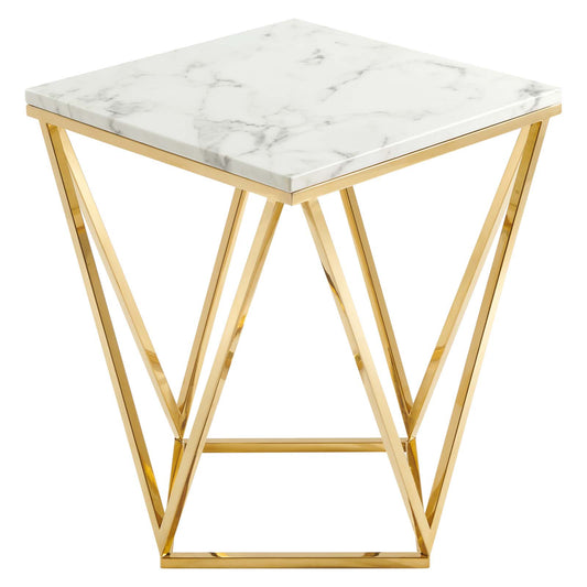 Vertex Gold Metal Stainless Steel End Table, Artificial Marble, Metal Steel, Gold White, 19519