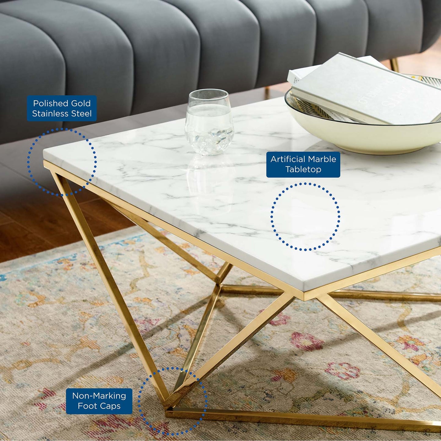 Vertex Gold Metal Stainless Steel Coffee Table, Artificial Marble, Metal Steel, Gold White, 19520
