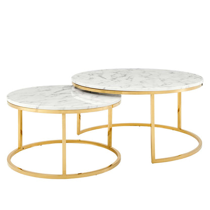 Ravenna Artificial Marble Nesting Coffee Table, Artificial Marble, Metal Steel, Gold White, 19521