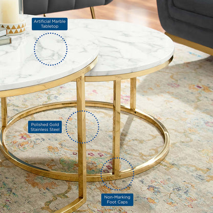 Ravenna Artificial Marble Nesting Coffee Table, Artificial Marble, Metal Steel, Gold White, 19521