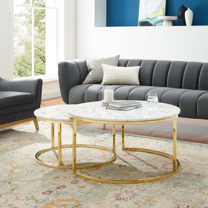 Ravenna Artificial Marble Nesting Coffee Table, Artificial Marble, Metal Steel, Gold White, 19521