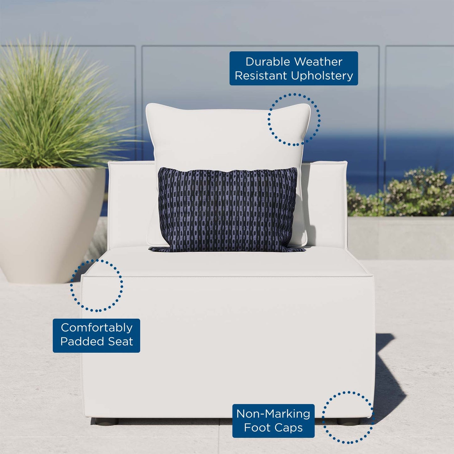 Saybrook Outdoor Patio Upholstered Sectional Sofa Armless Chair, Fabric, White, 19525