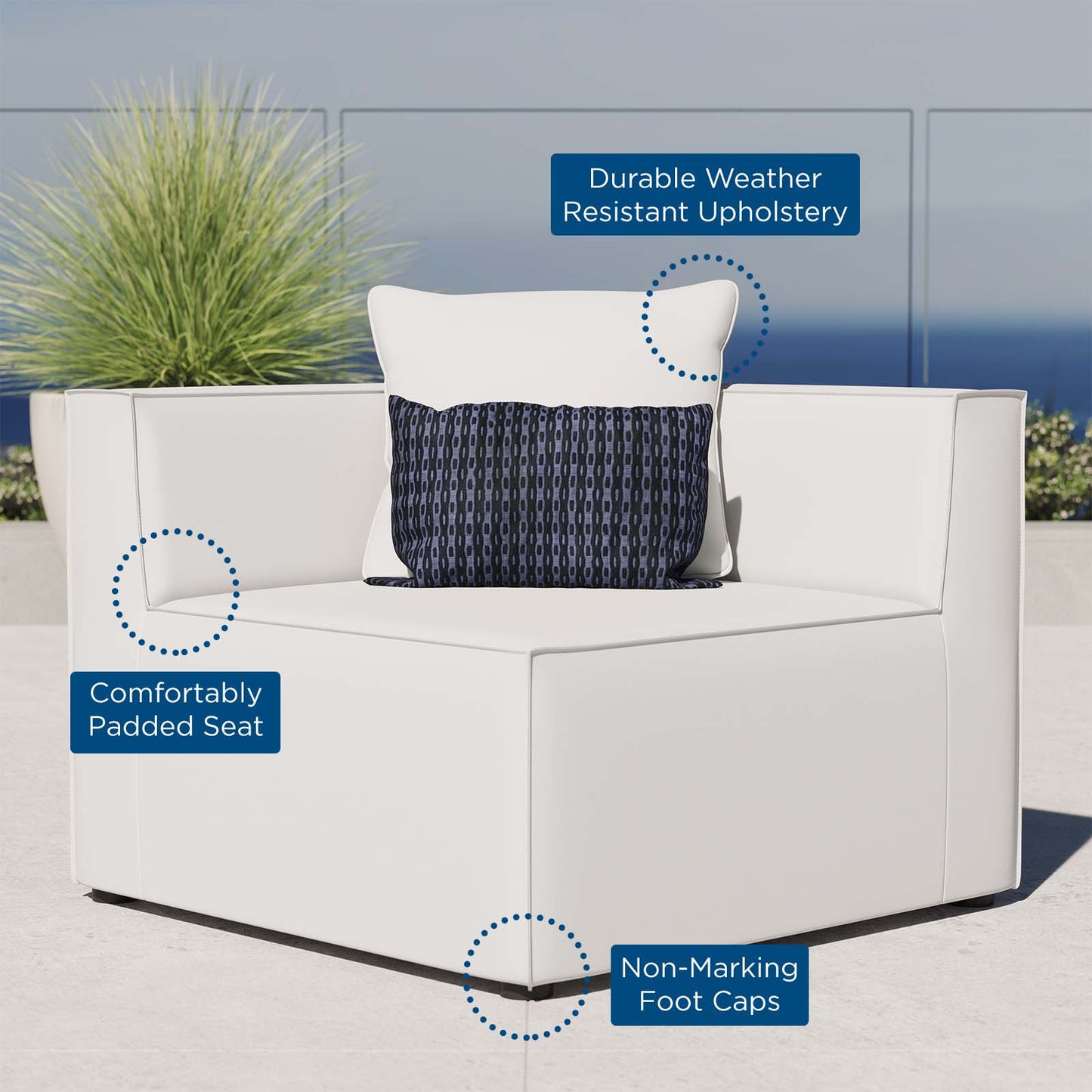 Saybrook Outdoor Patio Upholstered Sectional Sofa Corner Chair, Fabric, White, 19529