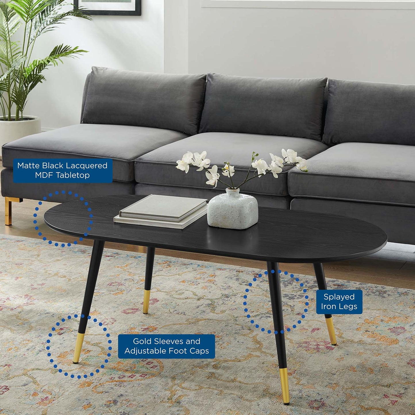 Vigor 47" Oval Coffee Table, Wood, Black, 19540