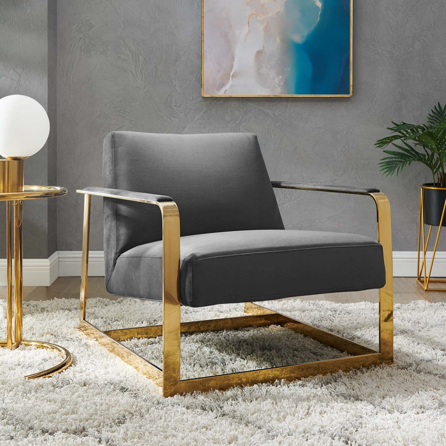 Seg Performance Velvet Accent Chair, Velvet, Metal Steel, Gold Grey Gray, 19545