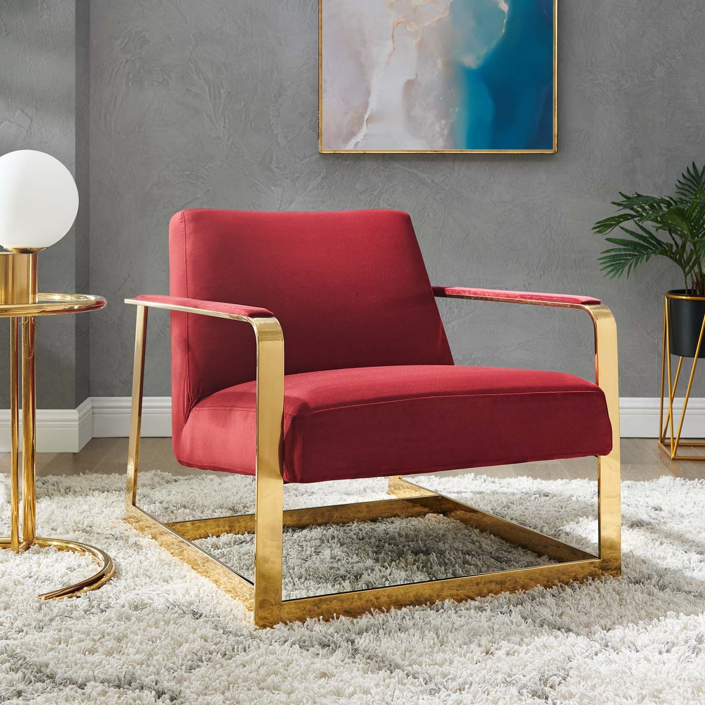 Seg Performance Velvet Accent Chair, Velvet, Metal Steel, Gold Red, 19546